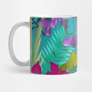 Elegant tropical flowers and leaves pattern purple illustration, blue tropical pattern over a Mug